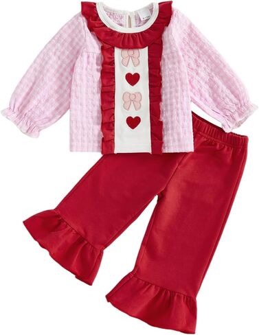 VISGOGO Toddler Girl Valentines Day Outfit Love Heart Embroidery Sweatshirt Shirt Pants Plaid Bow Heart Clothes in Saudi Arabia