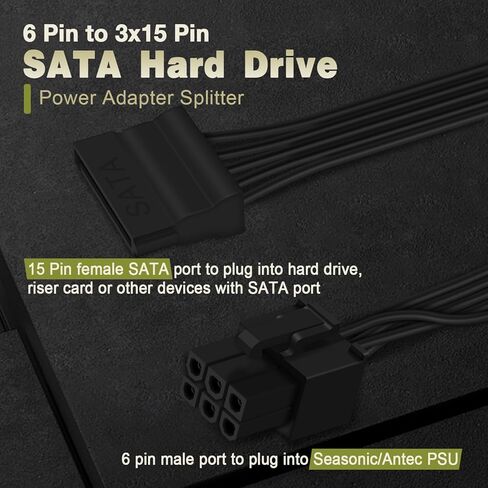 كابل طاقة COMeap SATA لوحدات PSU الموسمية Antec، 6 دبوس إلى 3X 15 دبوس SATA محول طاقة القرص الصلب لبطاقة التعدين BTC 20 بوصة (50 سم) in Kuwait