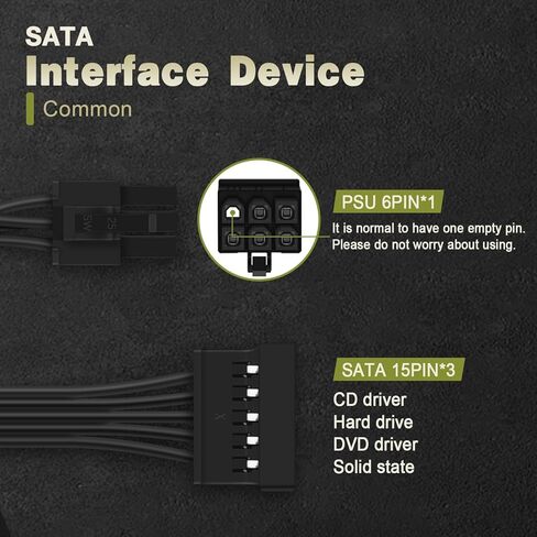 كابل طاقة COMeap SATA لوحدات PSU الموسمية Antec، 6 دبوس إلى 3X 15 دبوس SATA محول طاقة القرص الصلب لبطاقة التعدين BTC 20 بوصة (50 سم) in Kuwait