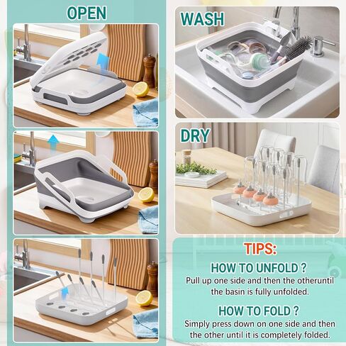 Collapsible Wash Basin for Baby Bottles with Drying Rack – 2.4 Gallon Foldable Dish Tub with Handles, Portable RV Camping Sink & Space-Saving Wash Bin with Lid for Kitchen, Travel & Outdoor in Saudi Arabia