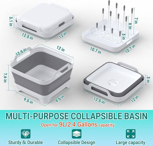 Collapsible Wash Basin for Baby Bottles with Drying Rack – 2.4 Gallon Foldable Dish Tub with Handles, Portable RV Camping Sink & Space-Saving Wash Bin with Lid for Kitchen, Travel & Outdoor in Saudi Arabia