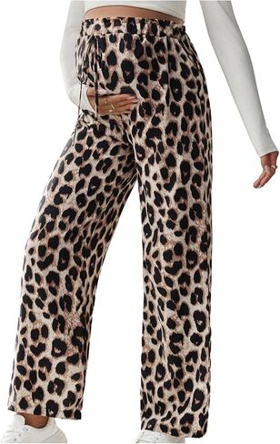 MakeMeChic Women's Maternity Cheetah Pants Soft Pregnancy Lounge Palazzo Pants High Waisted Straight Leg Trousers in Saudi Arabia