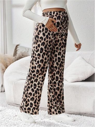 MakeMeChic Women's Maternity Cheetah Pants Soft Pregnancy Lounge Palazzo Pants High Waisted Straight Leg Trousers in Saudi Arabia