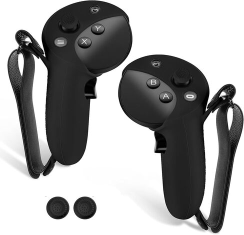 غطاء وحدة التحكم السيليكون Geekria VR متوافق مع Meta Quest Pro، ملحقات الألعاب ذات المقبض المضاد للرمي، مفاصل المعصم القابلة للتعديل، أغطية الإبهام (أسود، زوج واحد) in Kuwait