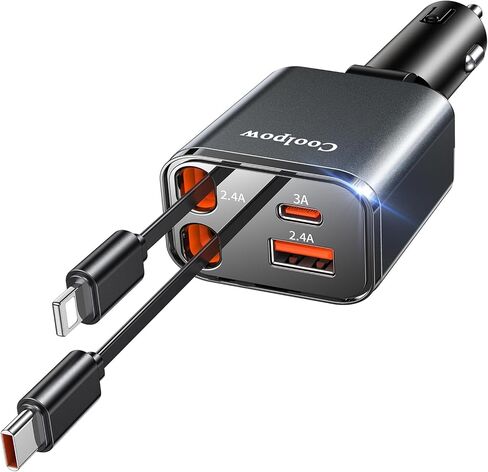 Coolpow محول شاحن سيارة قابل للسحب 【4 في 1 شحن سريع】شاحن سيارة قابل للسحب USB C شاحن هاتف السيارة USB C ولاعة السجائر محول شاحن سيارة شحن كتلة مكعب آيفون 17 برو ماكس 16 15 in Kuwait