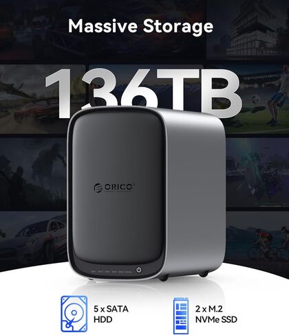 تخزين ORICO HS500 NAS، ألبوم AI وجهاز افتراضي، إعداد RAID مرن، فتحة 5* HDD، 2 * M.2 NVMe SSD Slot، 2*2.5 GbE، 4K HDMl، تخزين متصل بالشبكة (بدون أقراص) in Kuwait