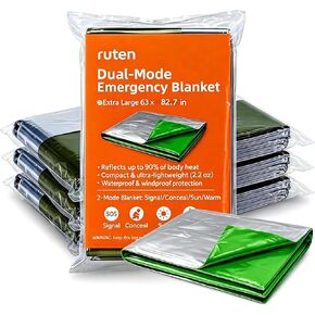 Ruten Double-Sided Green/Silver Thermal Emergency Blanket (4-Pack) - Extra Large 63x82.7 Heavy Duty Mylar Foil Space Blankets for Camping, Car, Hiking, Survival Kits - Windproof & Waterproof in Saudi Arabia
