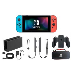 حزمة وحدة تحكم Nintendo Switch - وحدات التحكم Joy-Cons باللونين الأزرق والأحمر النيون، وقاعدة إرساء، ومقبض وحدة التحكم، وحقيبة الحمل، والكابلات والملحقات (متجددة) in Kuwait