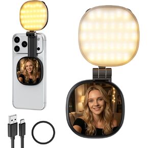Foldable Magnetic Phone Selfie Light: No Camera Blocking CRI 95+ with Mirror & Adjustable & Rechargeable for Selfies/Photography/Vlog/Conference/Video Recording/Content Creator (Black) in Saudi Arabia
