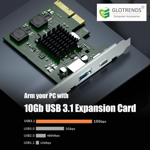 GLOTRENDS U3142AC 2-Port 10Gb USB 3.1 Gen2 (Type-C وType-A) إلى بطاقة توسيع PCIE X4 مع شريحة ASM 3142، دعامة عادية ومنخفضة الربح in Saudi Arabia