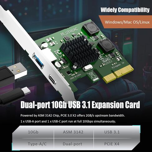 GLOTRENDS U3142AC 2-Port 10Gb USB 3.1 Gen2 (Type-C وType-A) إلى بطاقة توسيع PCIE X4 مع شريحة ASM 3142، دعامة عادية ومنخفضة الربح in Saudi Arabia