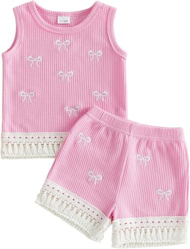 VISGOGO Toddler Baby Girl Summer Clothes Outfits Sleeveless Tassel Hem Tank Tops + Shorts Set in Saudi Arabia