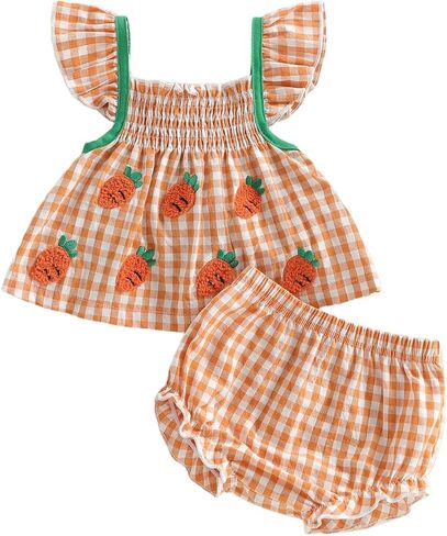 Infant Newborn Baby Girl Easter Outfit Smocked Carrot Embroidery Gingham Tank Top Shorts Set Summer Clothes in Saudi Arabia