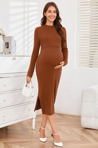 OUGES Women's Wool Blend 2025 Fall Winter Maternity Sweater Nursing Dress Long Sleeve Crew Neck Ribbed Knit Breastfeeding Baby Shower Dresses Prenancy Must Have Outfits for Christmas(Red Caramel,M) in Saudi Arabia