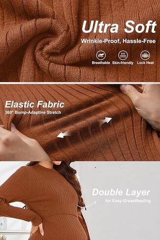 OUGES Women's Wool Blend 2025 Fall Winter Maternity Sweater Nursing Dress Long Sleeve Crew Neck Ribbed Knit Breastfeeding Baby Shower Dresses Prenancy Must Have Outfits for Christmas(Red Caramel,M) in Saudi Arabia