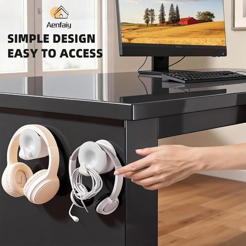 حامل سماعة رأس مثبت على الحائط، خطاف سماعة رأس لاصق أسفل المكتب، حامل سماعة رأس للألعاب باللون الأبيض للمكتب مع خطاف كابل، يناسب سماعات الرأس النحيفة فوق الأذن وفوق الأذن | عرض عصابة الرأس حتى 30 ملم in Kuwait