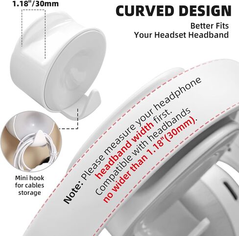 حامل سماعة رأس مثبت على الحائط، خطاف سماعة رأس لاصق أسفل المكتب، حامل سماعة رأس للألعاب باللون الأبيض للمكتب مع خطاف كابل، يناسب سماعات الرأس النحيفة فوق الأذن وفوق الأذن | عرض عصابة الرأس حتى 30 ملم in Kuwait