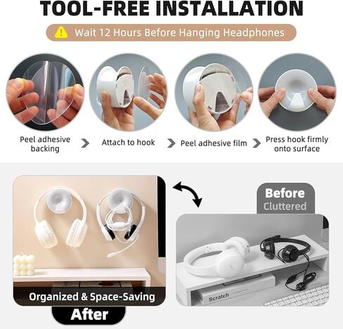 حامل سماعة رأس مثبت على الحائط، خطاف سماعة رأس لاصق أسفل المكتب، حامل سماعة رأس للألعاب باللون الأبيض للمكتب مع خطاف كابل، يناسب سماعات الرأس النحيفة فوق الأذن وفوق الأذن | عرض عصابة الرأس حتى 30 ملم in Kuwait