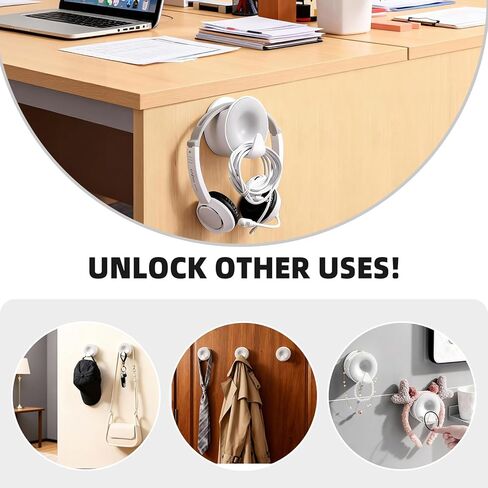 حامل سماعة رأس مثبت على الحائط، خطاف سماعة رأس لاصق أسفل المكتب، حامل سماعة رأس للألعاب باللون الأبيض للمكتب مع خطاف كابل، يناسب سماعات الرأس النحيفة فوق الأذن وفوق الأذن | عرض عصابة الرأس حتى 30 ملم in Kuwait
