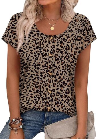 WIHOLL Womens Summer Tops Cap Short Sleeve Shirts Button Down Blouses U Neck T Shirts Fashion Clothing in Saudi Arabia