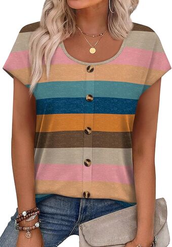 WIHOLL Womens Summer Tops Cap Short Sleeve Shirts Button Down Blouses U Neck T Shirts Fashion Clothing in Saudi Arabia