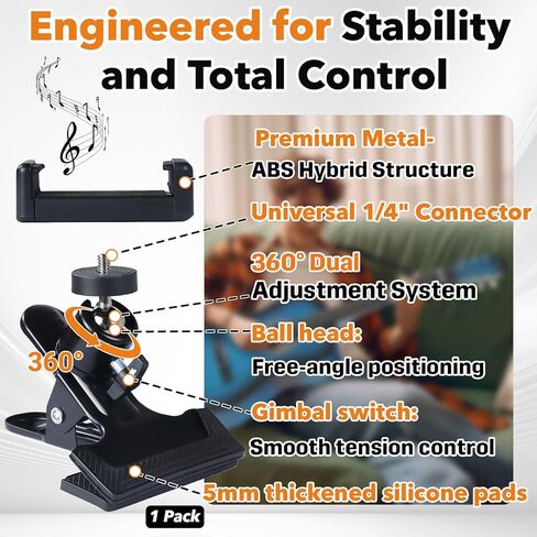 Multiple 360° Adjustable Guitar Phone Mount Holders - Universal Fit Compatible with Acoustic/Electric Guitar, Bass & Ukulele, Perfect for Live Broadcast, Teaching & Video Recording in Kuwait