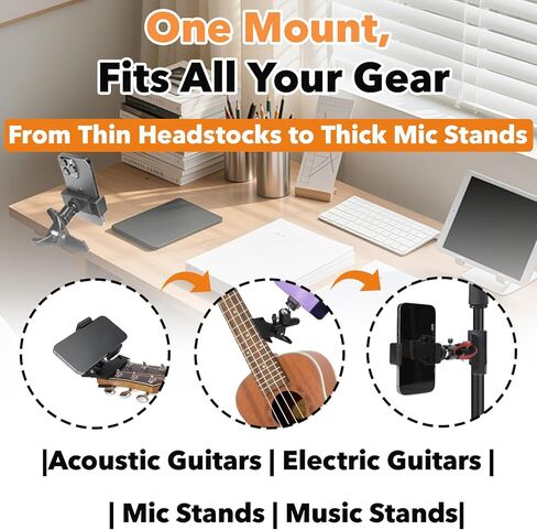 Multiple 360° Adjustable Guitar Phone Mount Holders - Universal Fit Compatible with Acoustic/Electric Guitar, Bass & Ukulele, Perfect for Live Broadcast, Teaching & Video Recording in Kuwait