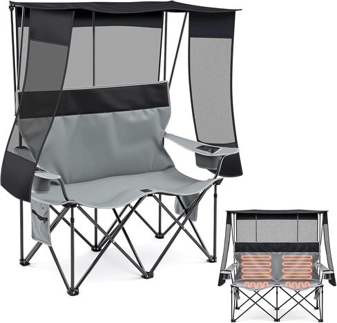 Heated Double Camping Chair with Canopy Shade 660lbs Camping Loveseat with 4 Heating Zones and 3 Heat Levels Portable Chair with Padded, Use 5v/3a Power Bank Power Bank Not Include(Black and Grey) in Saudi Arabia