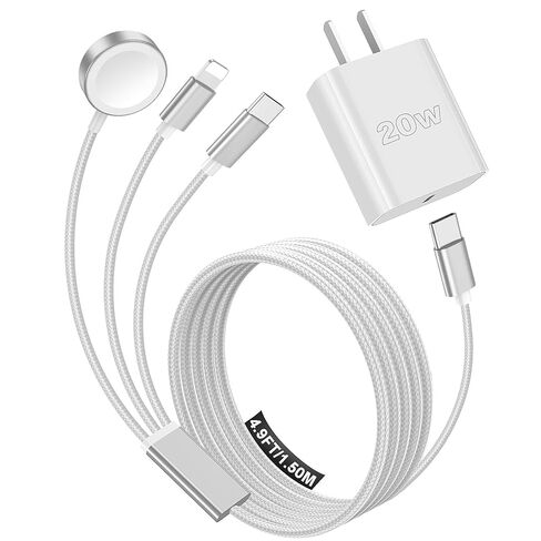 أساسيات السفر لشاحن ساعة Apple، شاحن iPhone، سلك كابل شحن سريع متعدد من النوع C/Lightning مع كتلة شاحن 20 وات، محمول مصمم لـ iWatch 11-2، iPhone 17-11، Galaxy 25، المنزل، المكتب - 4FT in Kuwait