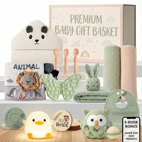New Baby Gift Basket 21-Piece Set | Refined Newborn Baby Gift Set for Boy & Girl | Gender Reveal Gifts & New Mom Gifts Bundle | Essential Newborn Toys & Acc. Included in Elegant Keepsake Magnet Box in Saudi Arabia