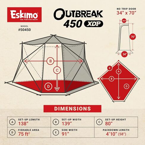Eskimo® Outbreak 450XDP، مأوى محمول لصيد الأسماك على الجليد، باب بدون رحلة، 4-5 أشخاص، أحمر/أسود، 50450 in Saudi Arabia