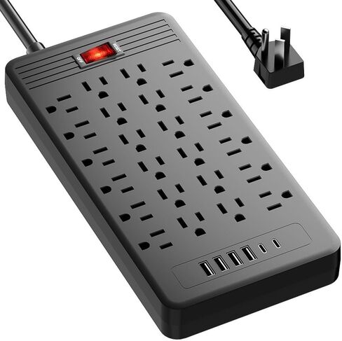 24 Outlets Surge Protector Power Strip - 5 Feet Flat Plug Extension Cord with 24 Widely Outlets and 4 USB Ports, 2 USB C Ports,Portable Outlet Extender, Wall Mountable for Home Office Dorm Room,Black in Kuwait