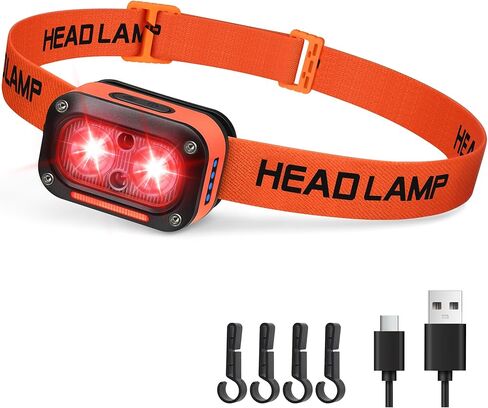 DARKBEAM Red LED Headlamp Dual Light High Lumens USB Rechargeable Redlight Headlight for Hardhat with Motion Sensor, Up/Down Adjustable, Waterproof Head Lamps for Camping, Fishing, Hunting in Kuwait