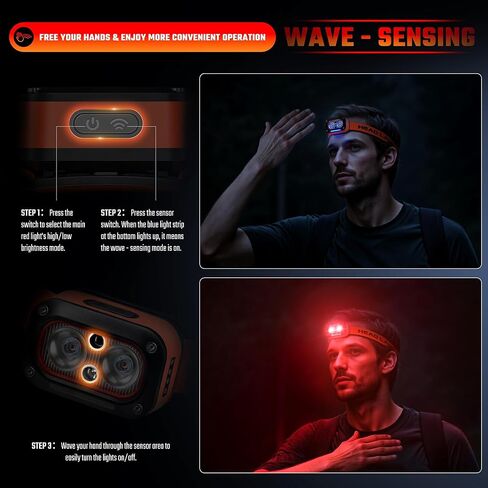 DARKBEAM Red LED Headlamp Dual Light High Lumens USB Rechargeable Redlight Headlight for Hardhat with Motion Sensor, Up/Down Adjustable, Waterproof Head Lamps for Camping, Fishing, Hunting in Kuwait