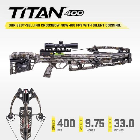 TenPoint Titan 400 Crossbow، Vektra - 400 إطارًا في الثانية - يتضمن نطاق Pro-View 400 وجهاز ACUdraw الصامت للتصويب وثلاثة أسهم كربون Pro Elite 400 in Kuwait