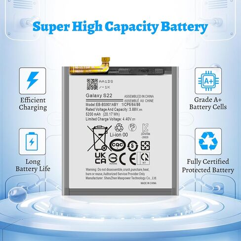 بطارية Galaxy S22، (الإصدار الجديد 2026) بطارية ليثيوم بوليمر عالية السعة 5200 مللي أمبير في الساعة EB-BS901ABY لجهاز Galaxy S22 5G SM-S901 SM-S901U SM-S901E SM-S901W مع مجموعة أدوات إصلاح احترافية in Saudi Arabia