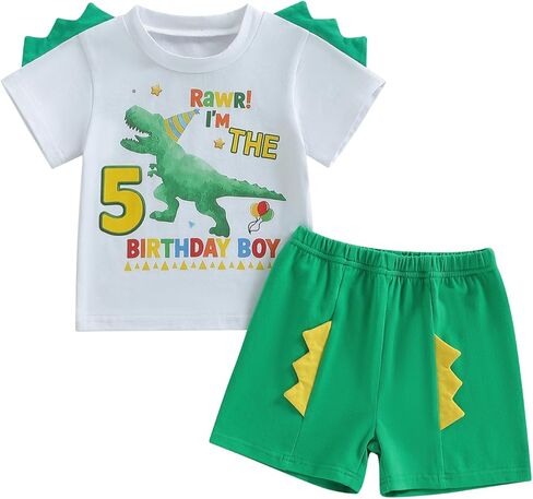 Fernvia Toddler Baby Boy Birthday Outfit 1st-5th Kids Shirt Tops + Shorts Set Dinosaur B-Day Party Summer Clothes in Saudi Arabia