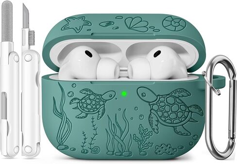 حافظة AirPods Pro 3 2025 مع مجموعة منظف، غطاء حماية من السيليكون الناعم منقوش على شكل سلحفاة لطيف متوافق مع Apple AirPods Pro الجيل الثالث للنساء والرجال مع سلسلة مفاتيح، أخضر صنوبر in Saudi Arabia