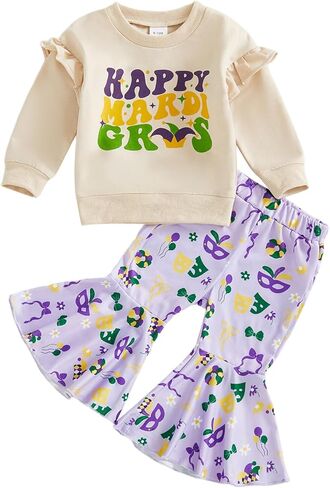 Toddler Baby Girl Outfit Letter Print Ruffle Long Sleeve Sweatshirt Top Flare Pants 2Pcs Clothes Set in Saudi Arabia