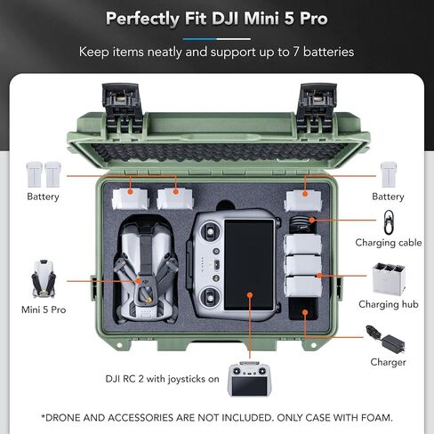Lykus Titan MM510 Waterproof Hard Case for DJI Mini 5 Pro and RC2/RC-N3, Support up to 7 batteries, Green [CASE ONLY] in Saudi Arabia