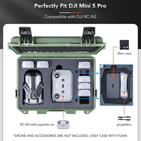 Lykus Titan MM510 Waterproof Hard Case for DJI Mini 5 Pro and RC2/RC-N3, Support up to 7 batteries, Green [CASE ONLY] in Saudi Arabia