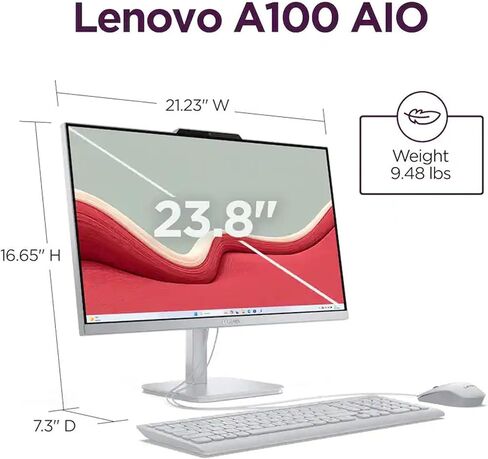 Lenovo A100 All in One Desktop Computer for Home Office, 23.8 Inch IPS FHD Display, Intel N100 Processor, 16 GB RAM, 512 GB SSD, Intel UHD Graphics, Wired Keyboard & Mouse, Windows 11 Pro, Accessories in Saudi Arabia