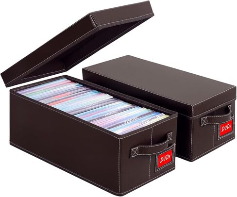 صندوق تخزين DVD من الجلد الصناعي باللون البني مكون من قطعتين - يحمل كل منها 25 حافظة DVD قياسية، منظم أقراص قابل للتكديس مع أغطية ومقابض لمجموعة الوسائط المنزلية in Kuwait