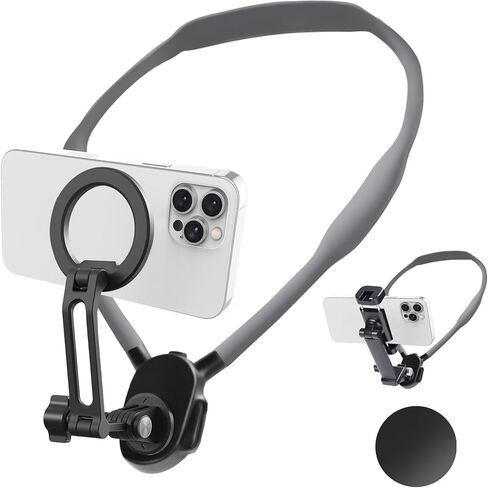 Neck Phone Holder for Recording, Magnetic Neck Mount for Phones, Hand Free Cell Phone Holder with Anti-Vibration Chest Strap for Recording POV/Vlog Video Selfie, Compatible with iPhone, Android, Gray in Saudi Arabia