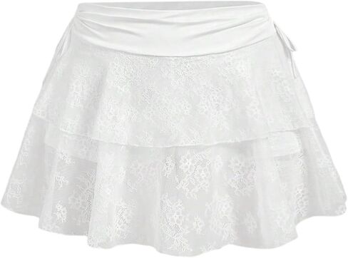 Verdusa Women's Plus Size Y2k Lace Sheer A Line Mini Skirt Ruched Tiered Layered Drawstring Ruffle Skirts in Saudi Arabia