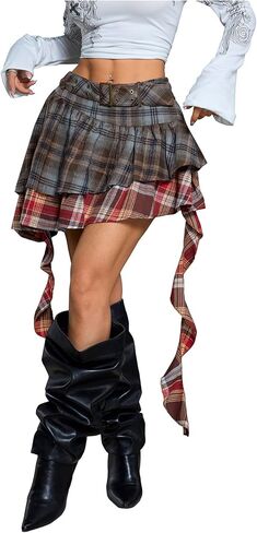 Verdusa Women's Grunge Colorblock Plaid Ruffle Skirt Y2K Tiered Layered Belted Skirt with Strap in Saudi Arabia