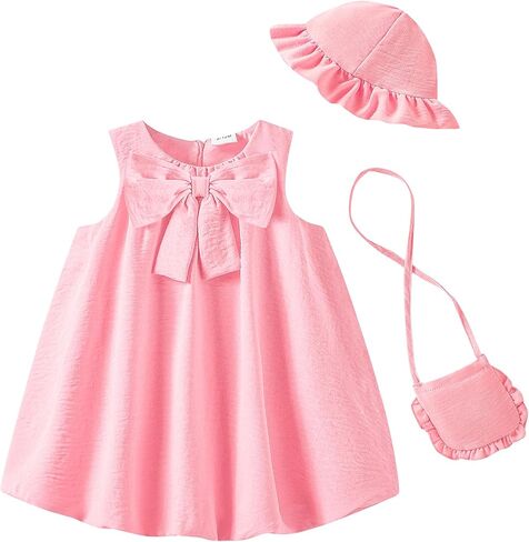 SODLON Baby Girl Dress Toddler Infant Vintage Dresses Summer Clothes 3M-3T | Cute Bow Bubble Dresses, Girls Birthday Shower Party Gifts Photo Outfits, Linen Sleeveless 3-Piece Sundress with Hat & Bag in Saudi Arabia