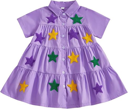 Suolongsama Baby Girl Mardi Gras Outfit Star/Bunny/Carrot A-Line Dress Short Sleeve Button Cute Smocked Toddler Easter Dress in Saudi Arabia