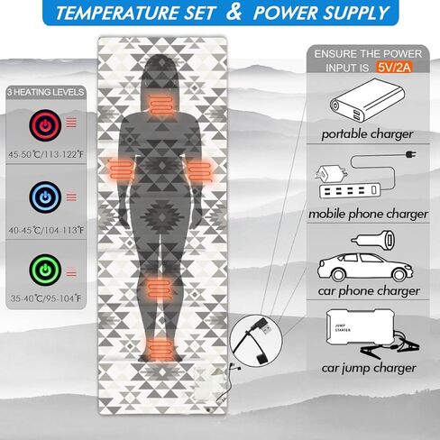 وسادة كيس نوم مُدفأة، تعمل بواسطة مصدر طاقة USB 5 فولت/2 أمبير، 3 مستويات درجة حرارة قابلة للتعديل، بطانة حقيبة نوم مُدفأة لحقائب الظهر في الطقس البارد أو المشي لمسافات طويلة (الجبال، 76 بوصة × 24 بوصة) in Kuwait