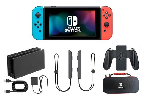حزمة وحدة تحكم Nintendo Switch - وحدات التحكم Joy-Cons باللونين الأزرق والأحمر النيون، وقاعدة إرساء، ومقبض وحدة التحكم، وحقيبة الحمل، والكابلات والملحقات (متجددة) in Kuwait